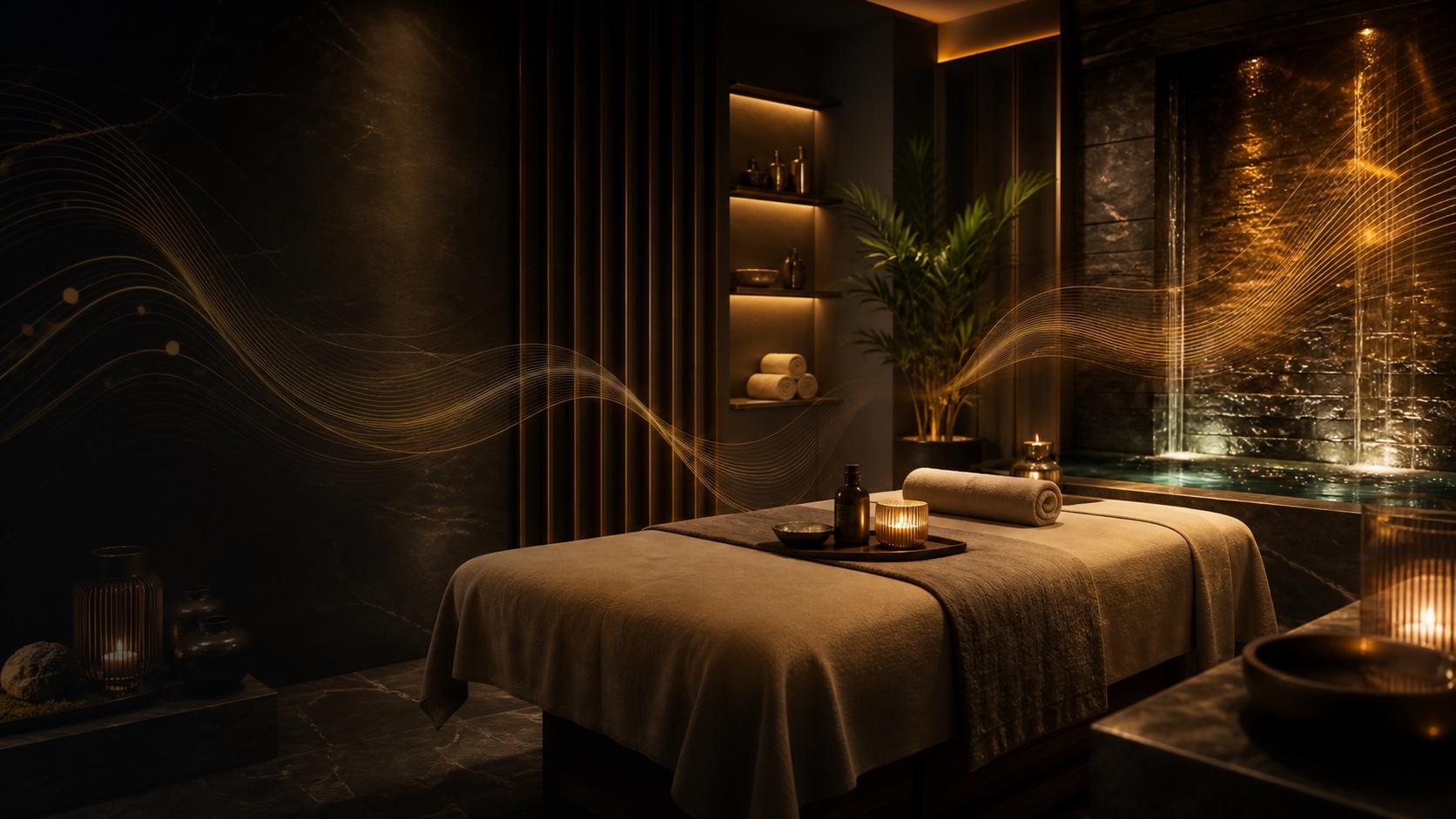 Luxury spa massage room with warm lighting